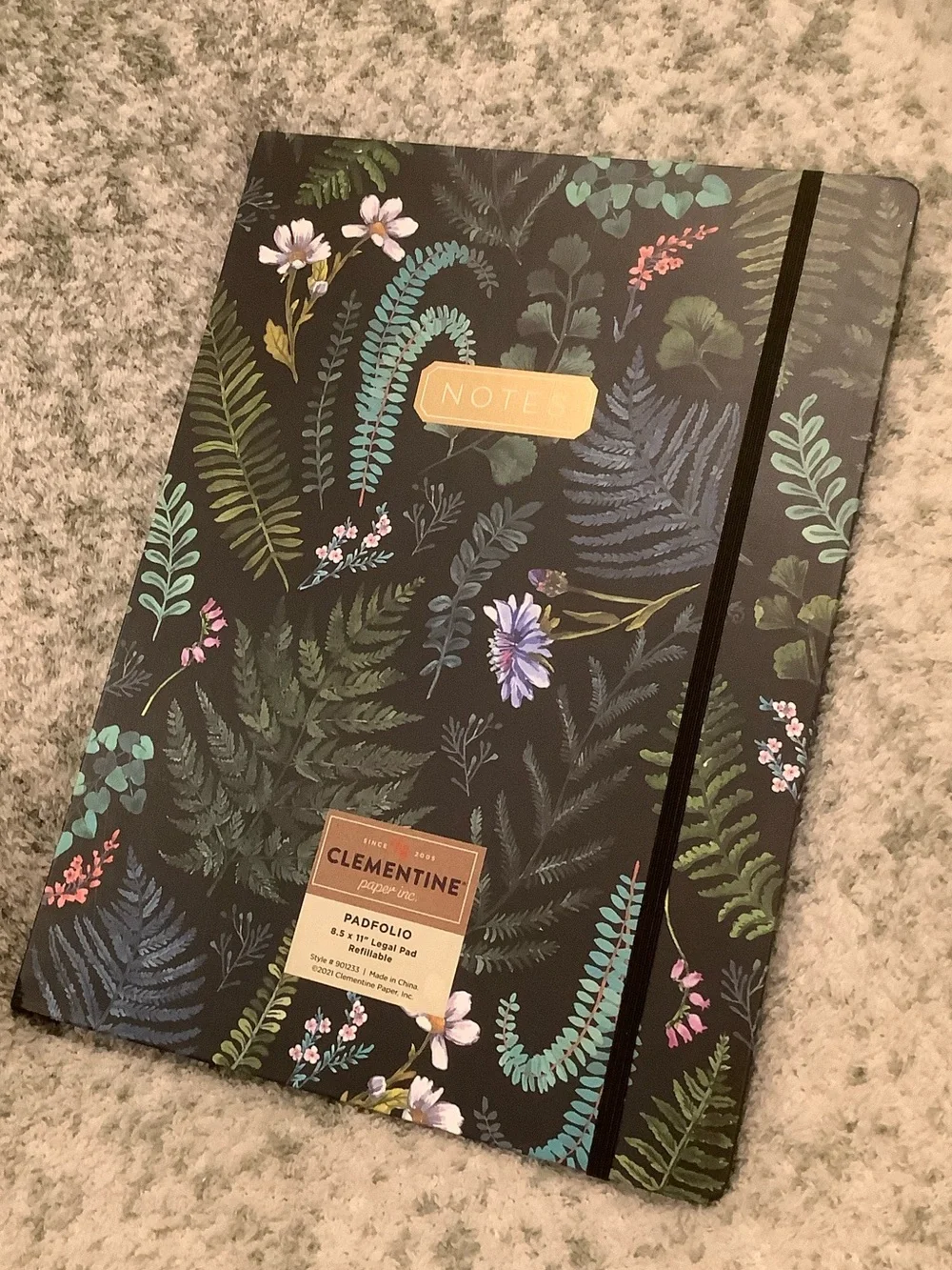 Clementine Paper Co Floral Notes Padfolio Black w Green Botanical Accents NWT